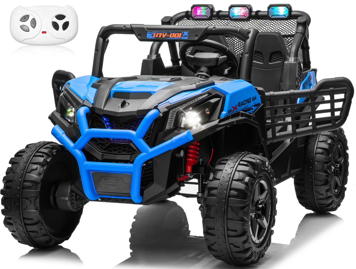 24V Ride On Car for Kids,Battery Powered Electric UTV Toys w/Remote Control, Gift Bow, 4x150W, 4WD/2WD, 3 Speeds, Shock Absorbers, Bluetooth, LED, 4.5MPH Max,Blue