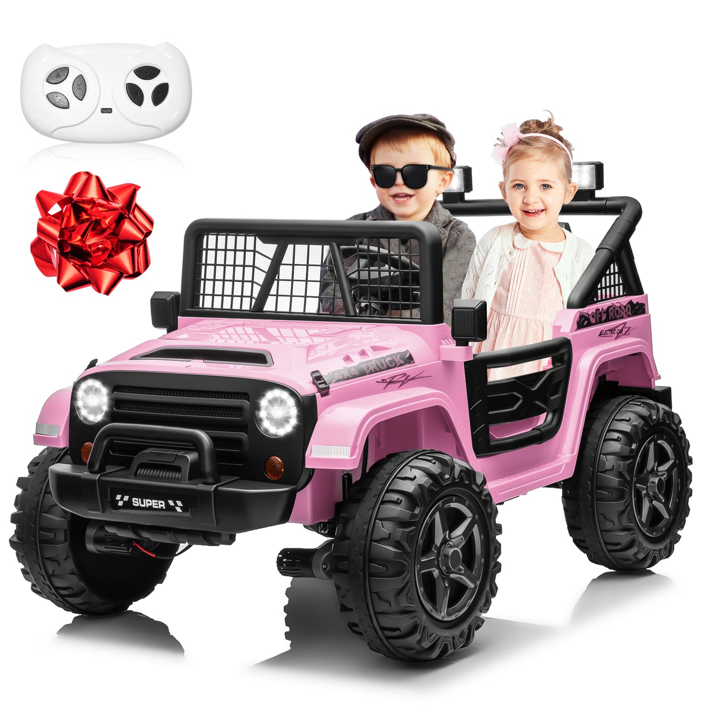 24V Ride on Car with Remote Control, XL 2 Seater 4WD/2WD Switchable Truck w/4X200W Motor, 20 Inch Wide Seat, Gift Flower Power Car Wheels 24 Volt Big Truck for Boys Girls,Pink