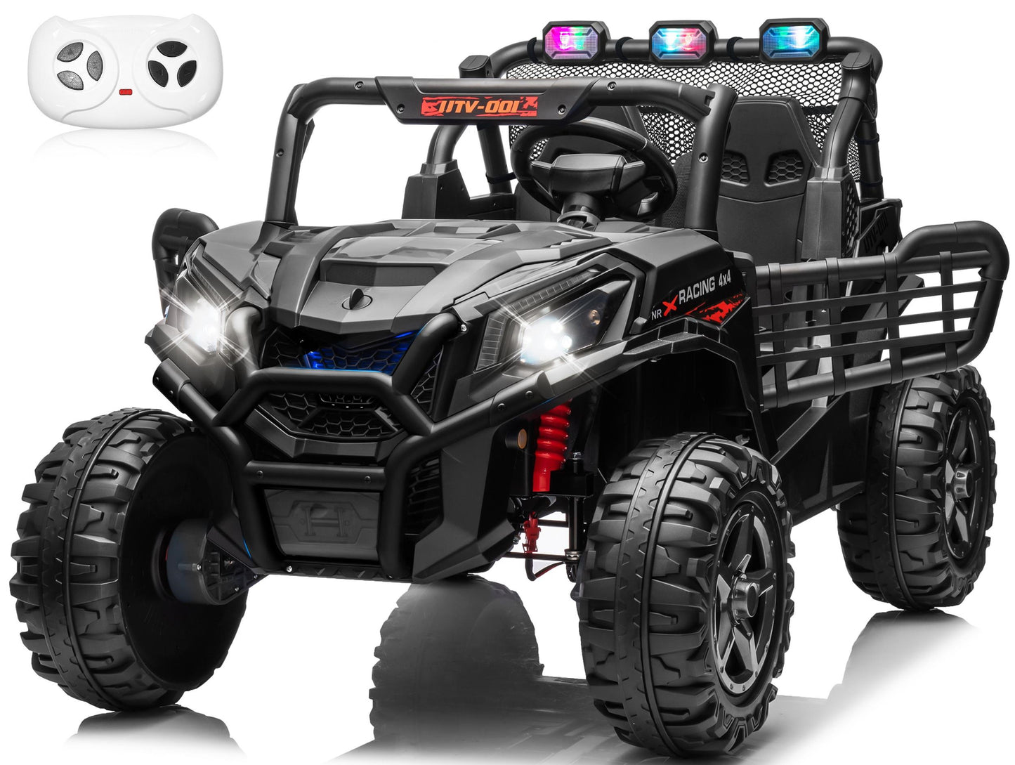 24V Ride On Car for Kids,Battery Powered Electric  UTV Toys w/Remote Control, Gift Bow, 4x150W, 4WD/2WD, 3 Speeds, Shock Absorbers, Bluetooth, LED, 4.5MPH Max,Black